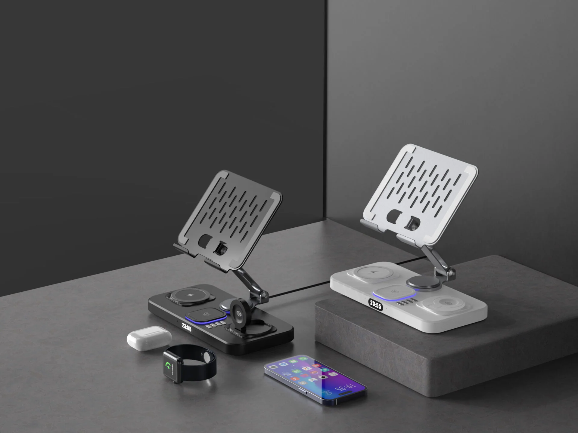 8-in-1 Wireless Charging Stand with Bluetooth Speaker Light Clock Dock Foldable Tablet Holder