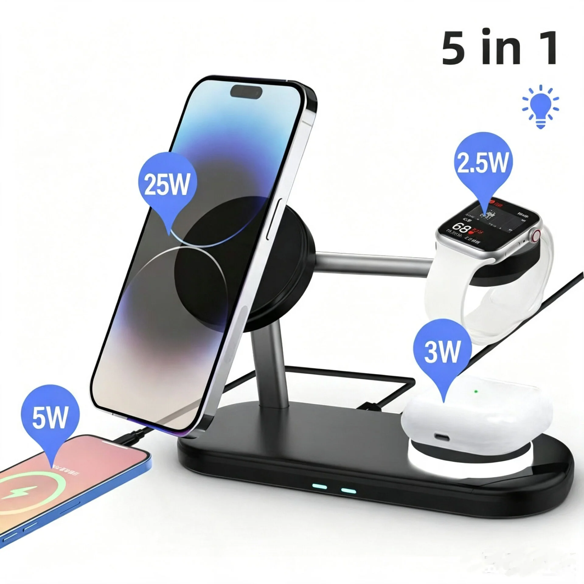 5-in-1 Magnetic Wireless Charging Stand | All-In-One Desktop Multi-Device Charging Station with Soft Night Light
