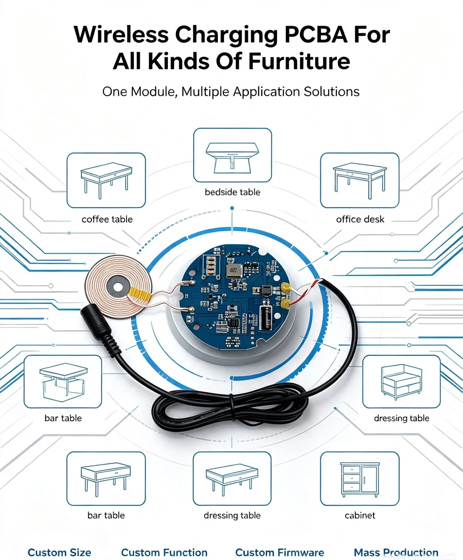 Custom Wireless Charger Base PCBA Module For Smart Furniture, ODM Custom Size & Function Wireless Charging Transmitter Circuit Board