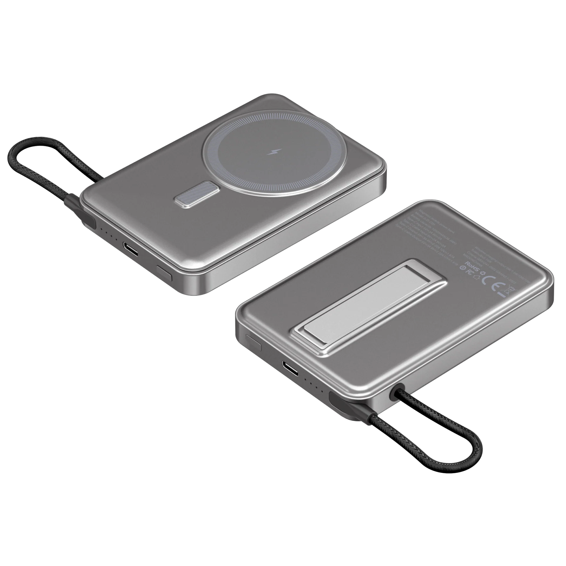 Upgraded Built-In USB-C Cable Magnetic Wireless Power Bank With Foldable Back Kickstand, 3-In-1 Portable MagSafe Battery Pack For Outdoor Travel Daily Commute