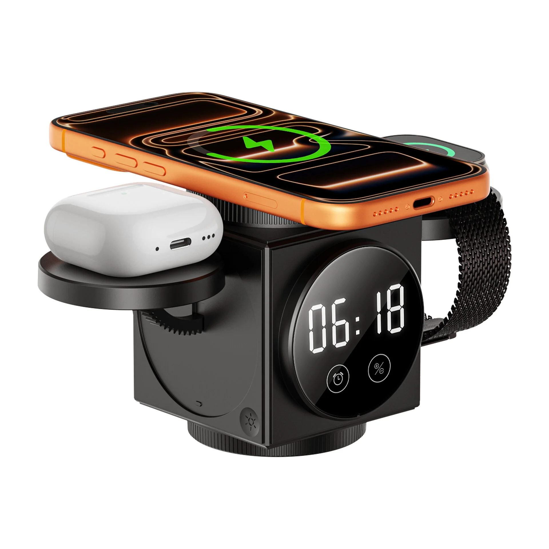 Magic Cube 3‑in‑1 Foldable Magnetic Wireless Charger | Digital Clock & Adjustable Night Light for iPhone, Watch & Earphones