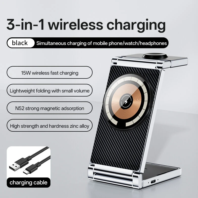 Foldable Zinc Alloy 3-in-1 Magnetic Wireless Charging Station | 15W Fast Charger Stand for iPhone, Apple Watch & AirPods Portable Travel Desktop Charging Dock