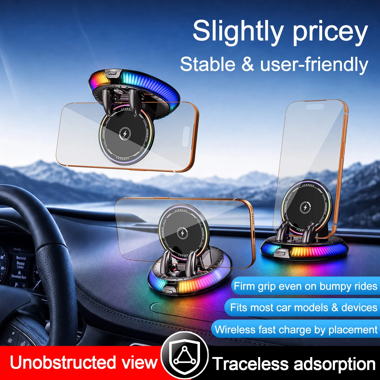 360° Rotatable Auto Clamp Car Wireless Charger Mount | RGB Breathing Light All Weather Dashboard Phone Holder