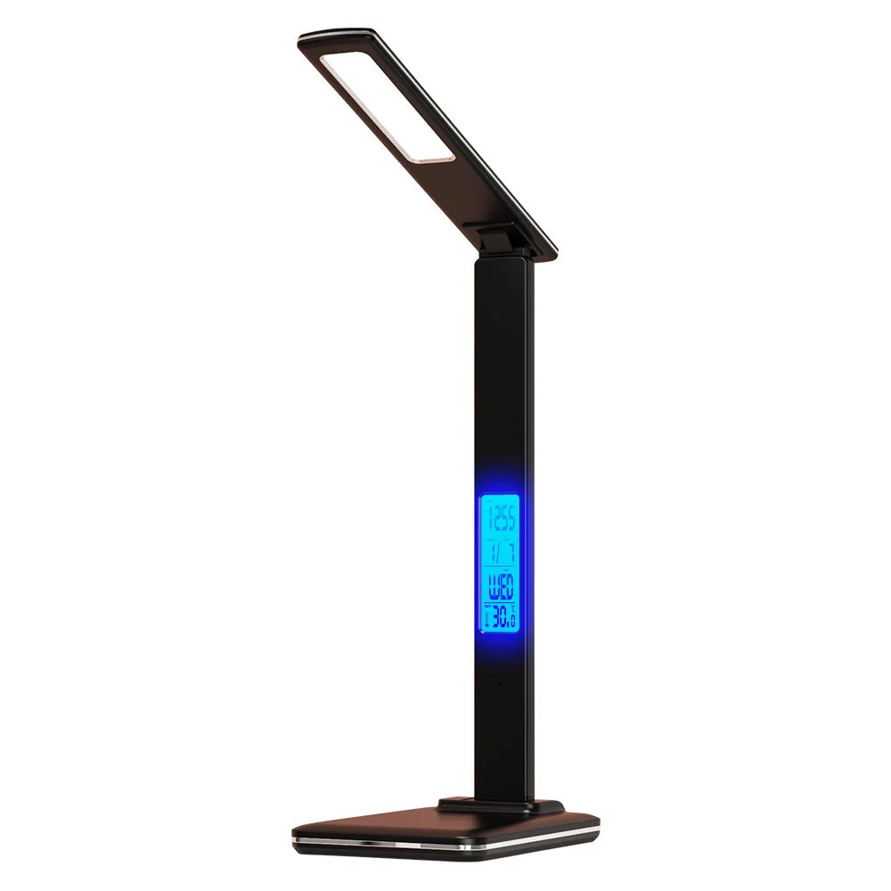 Wireless Charging LED Desk Lamp, Foldable Eye‑Care Table Lamp with Clock, Temperature Display, 3 Color Modes Stepless Dimming, USB Charging for Home Office Study