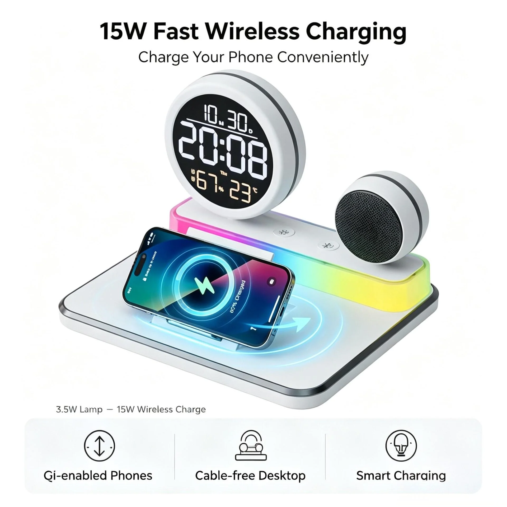 All-in-1 Desktop Wireless Charging Dock,15W Wireless Charger, Bluetooth Audio Speaker, Dual Alarm Clock with Temp Humidity & RGB Ambient Light for Home Office Gift