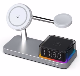 Wholesale 5-in-1 Wireless Charging Station Foldable Multi-device Charger with RGB Light & Alarm Clock for Custom Private Label