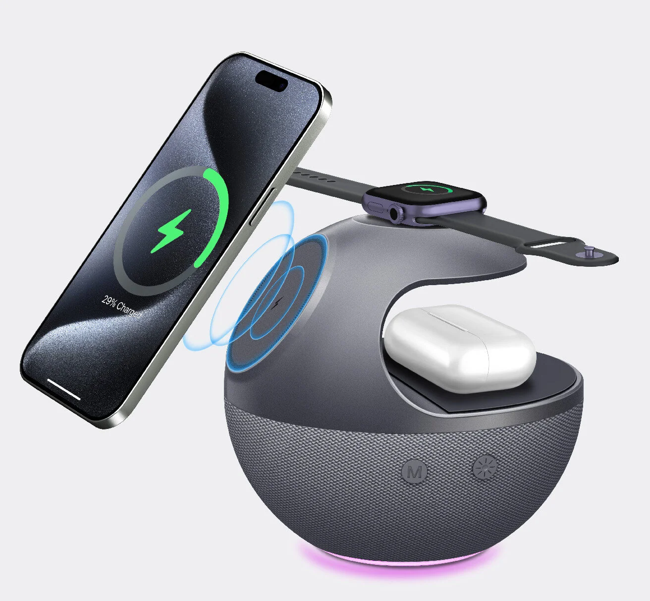 5-in-1 Multi-Functional MagSafe Wireless Charging Hub Built-In Bluetooth Stereo Speaker & Soft RGB Surround Light, Simultaneous Charging for Smartphone, Smart Watch & Wireless Earbuds