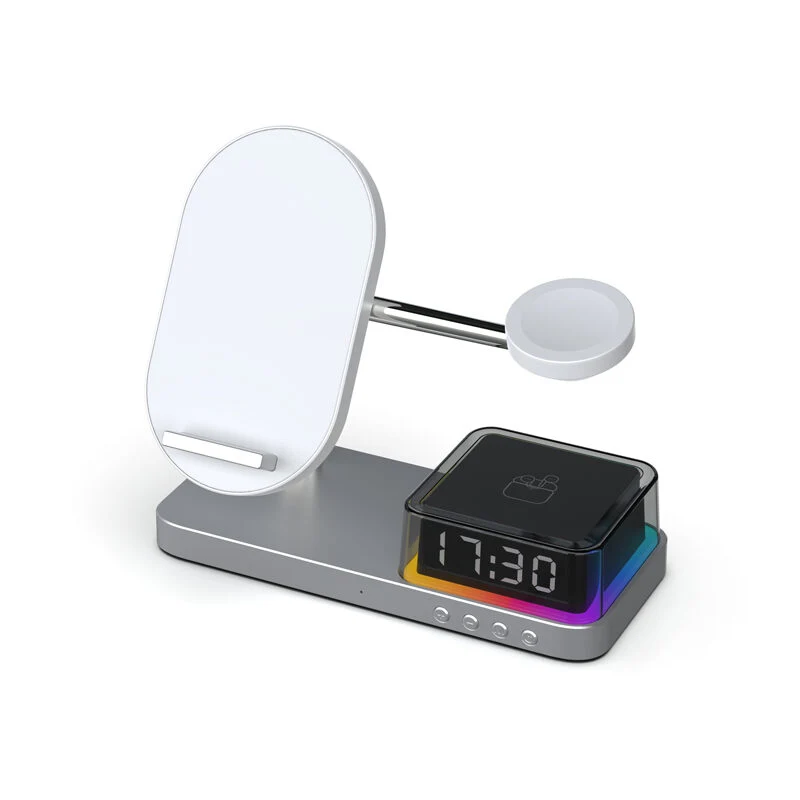 Multi-functional Foldable Wireless Charger Dock, 5-in-1 Desktop Charging Station with LED Clock & RGB Light for Bulk Distribution