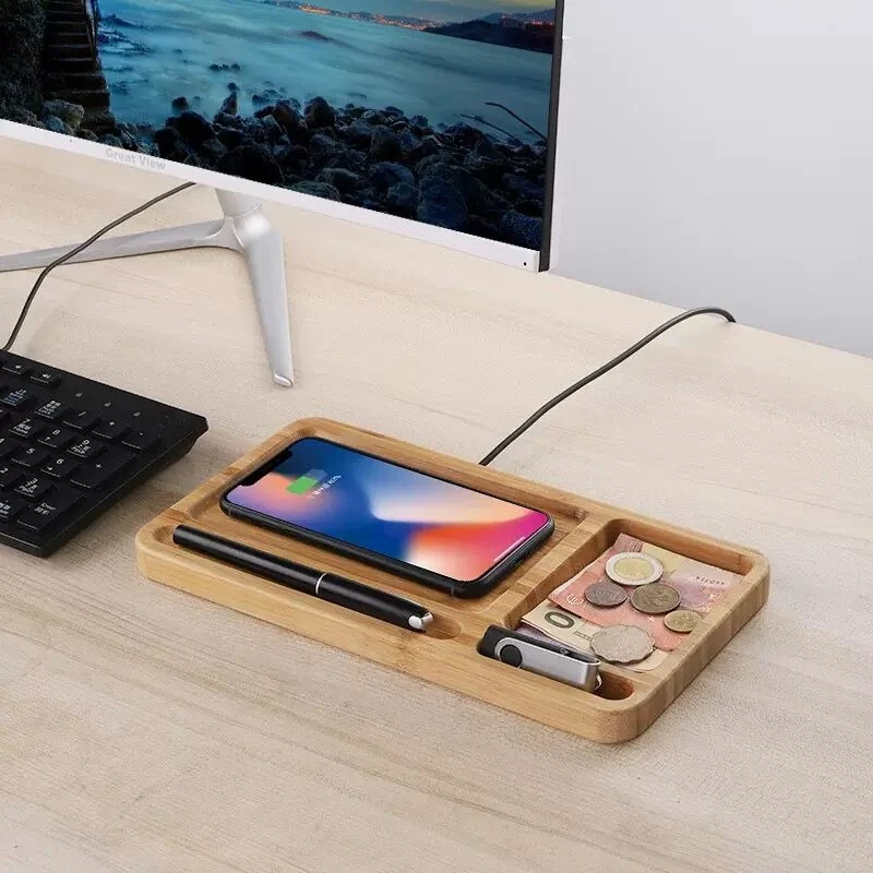 Bamboo Wireless Charger Desk Organizer Tray, Multi‑Purpose Desktop Storage Caddy for Phone, Pens, Coins & Small Gadgets, Eco‑Friendly Bamboo Home Office Desk Accessories