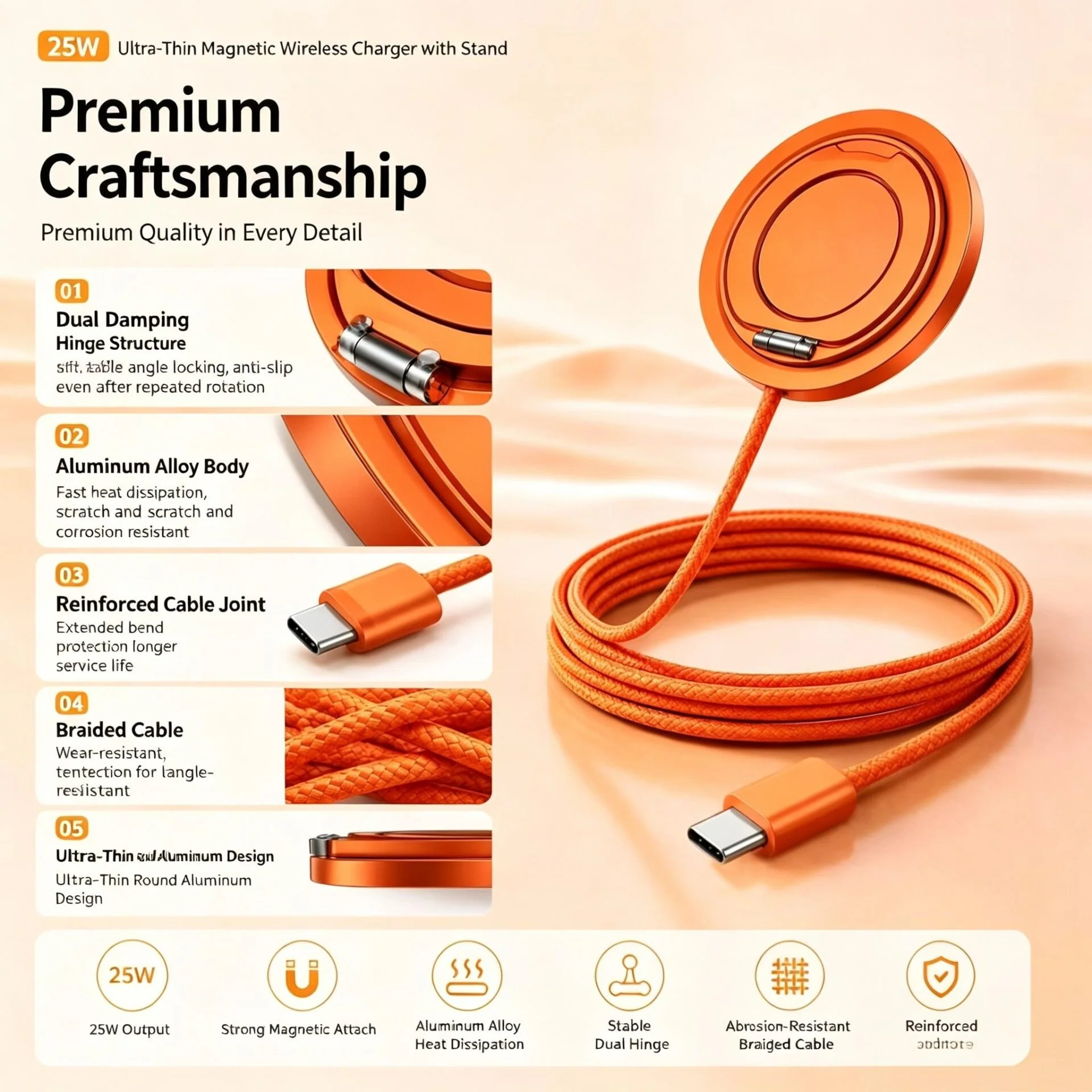 Wholesale Foldable Stand Magnetic Wireless Charging Cable | Custom Logo Nylon Braided Type C Charger
