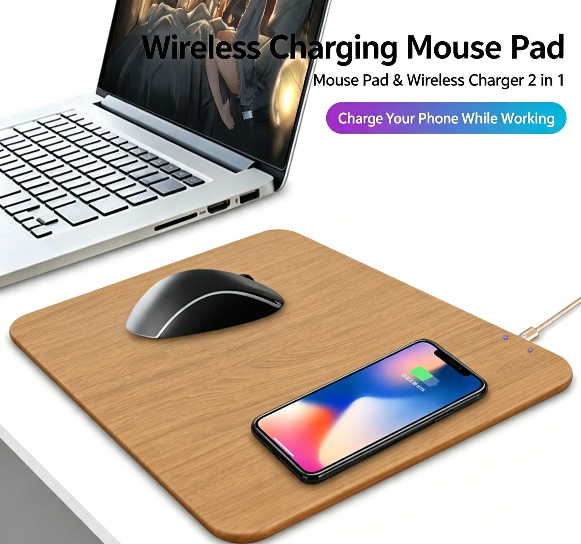 Wood Grain 2-in-1 Wireless Charging Mouse Pad | 15W Fast Phone Charger, Waterproof Smooth PU Leather Desk Mat For Work & Gaming