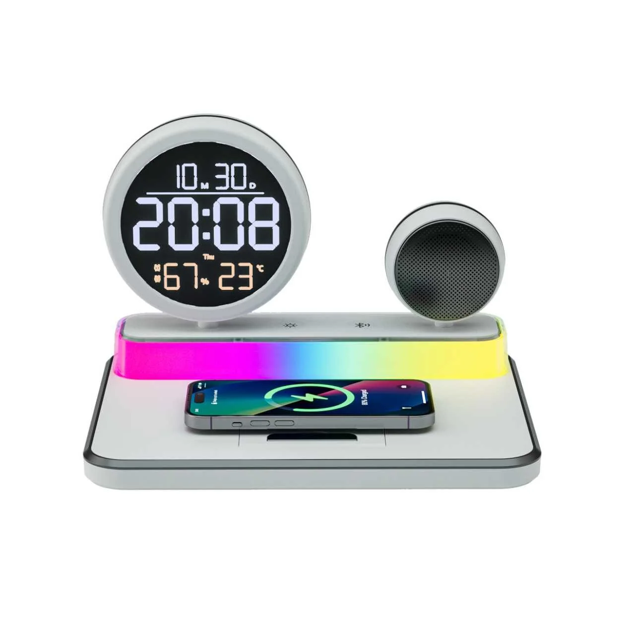 4-in-1 Multifunctional Wireless Charging Bluetooth Speaker With Clock and RGB Ambient Light