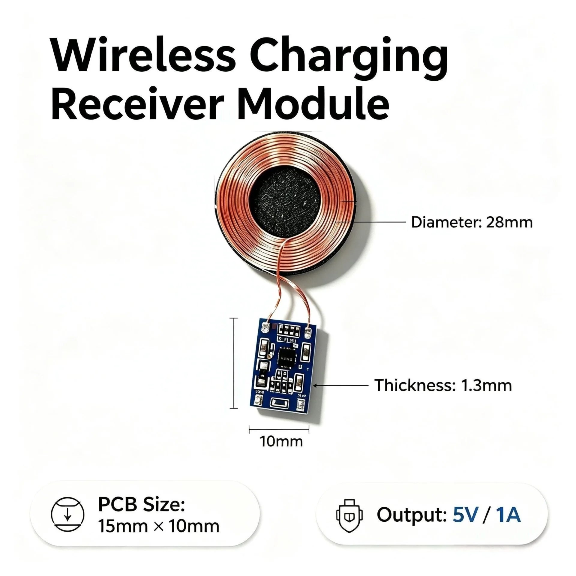 Embedded Wireless Charging Receiver Board 5V1A | 1.3mm Thin 28mm Coil 15x10mm PCB Qi Charging Module