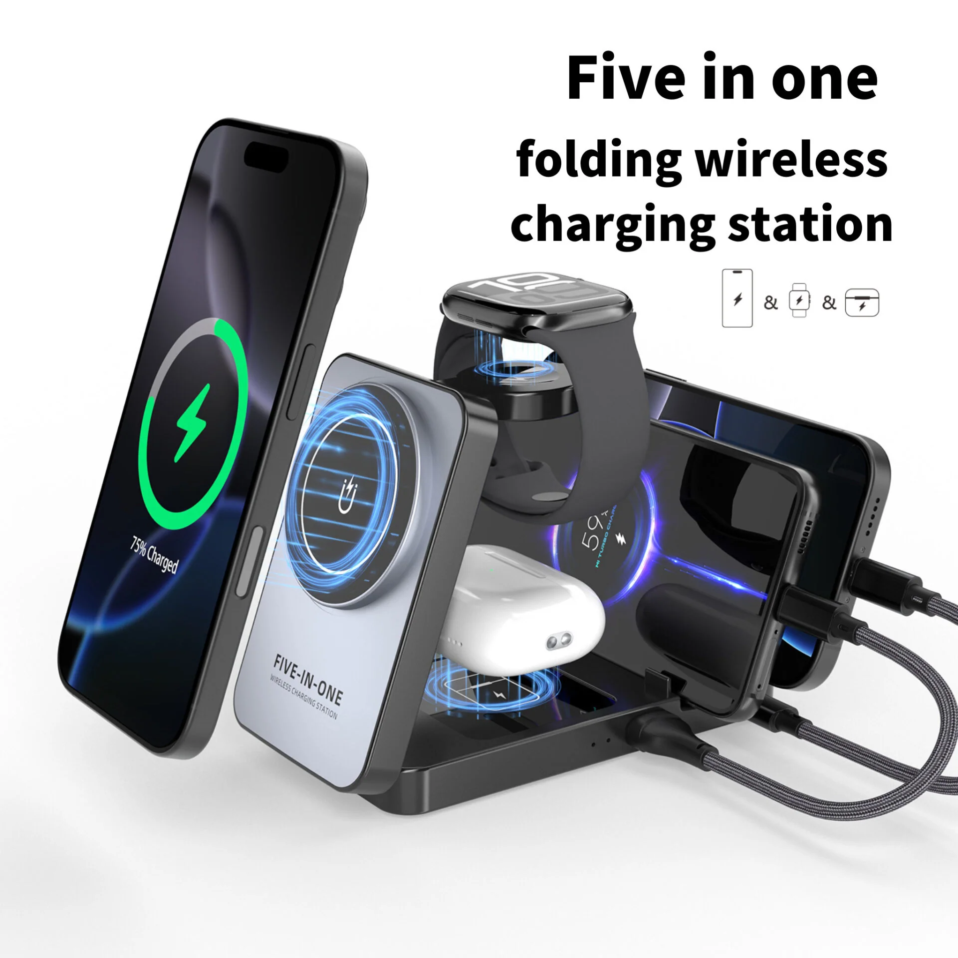 5-in-1 Magnetic Foldable Wireless Charging Station Multi-Device Fast Charger Stand