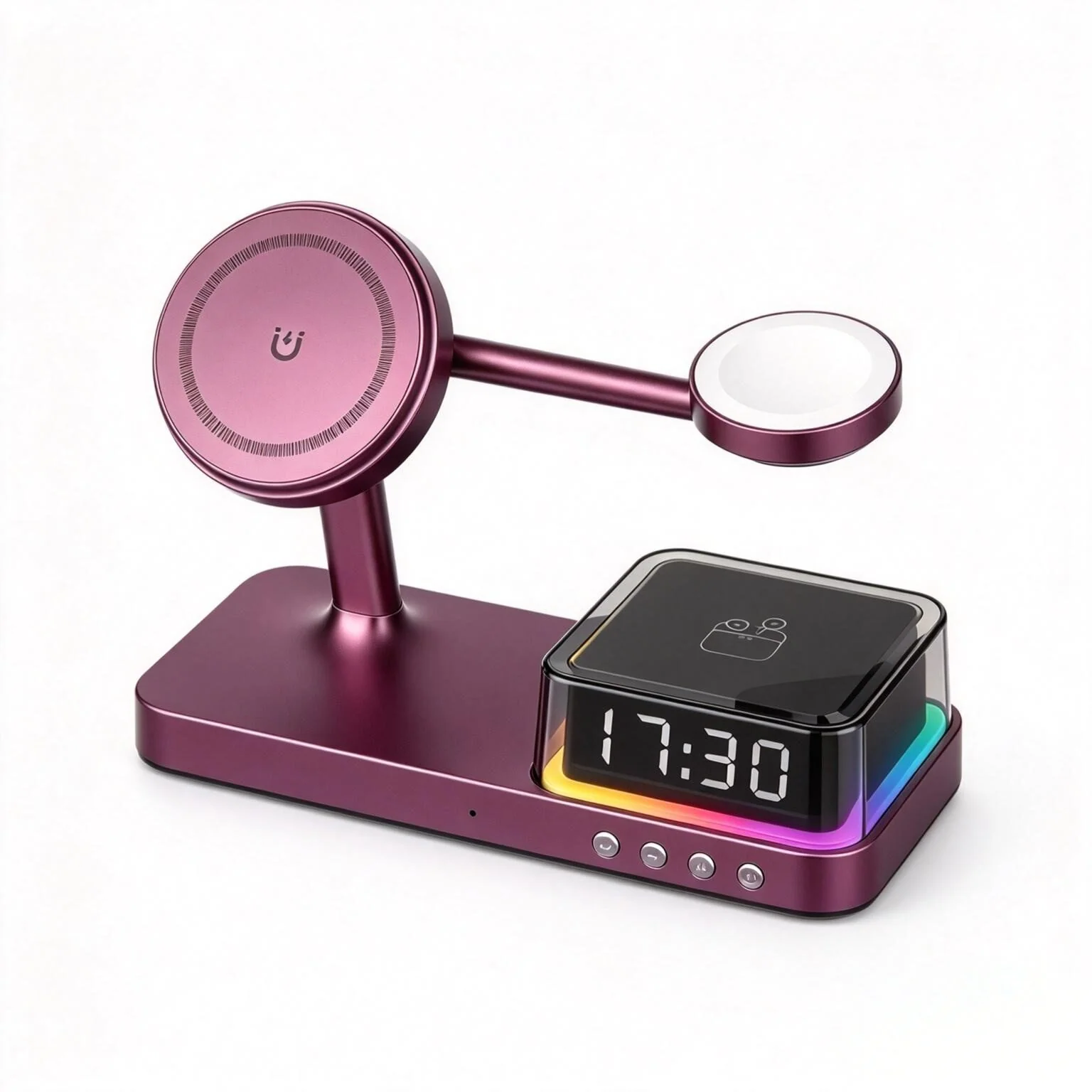 Wholesale 5-in-1 Wireless Charging Station Foldable Multi-device Charger with RGB Light & Alarm Clock for Custom Private Label