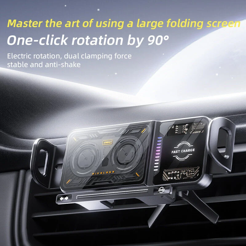 Electric Auto-Clamp Wireless Car Charger Mount | Dedicated For Foldable Screen Phones, One-Click 90° Rotation, 15W Qi Fast Charging Air Vent Phone Holder