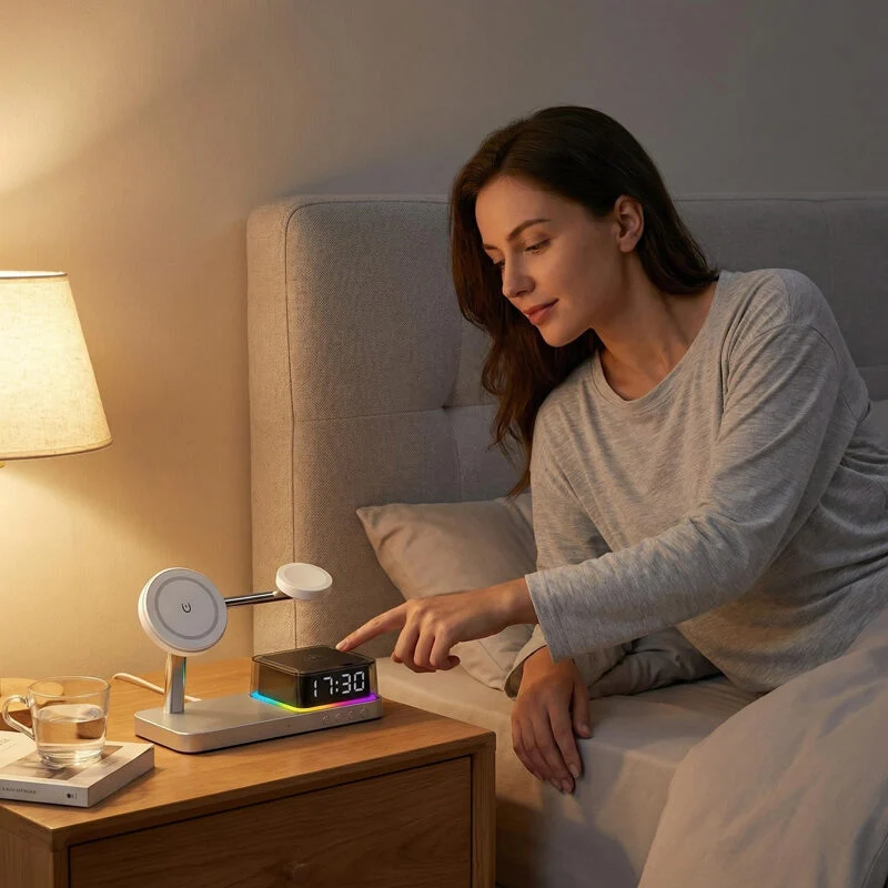 5 in 1 Foldable Wireless Charging Station with Digital Alarm Clock & RGB Ambient Light | Multi Device Charger